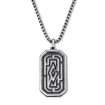 PalmBeach Jewelry Men's Round Black Crystal Sterling Silver Dog Tag Pendant Necklace 24-inch