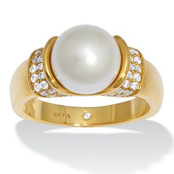 PalmBeach Jewelry .32 TCW CZ and Round Simulated Pearl Yellow Gold-Plated Ring