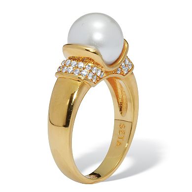 PalmBeach Jewelry .32 TCW CZ and Round Simulated Pearl Yellow Gold-Plated Ring