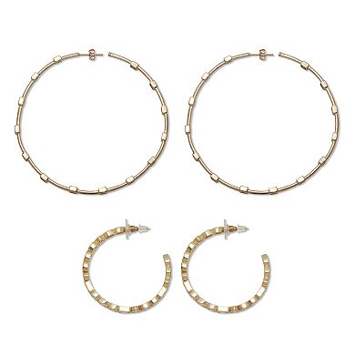 PalmBeach Jewelry 2-Pair Bezel-Set Crystal Goldtone Hoop Earrings, 1.5 and 3 Inches