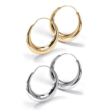 PalmBeach Jewelry Gold-Plated and Sterling Silver Polished Puffed Hoop Earring Set 1 7/8 Inch