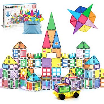 PicassoTiles 240 pc Magnetic Tiles Building Set with Storage Bag Educational Toy Boy Girl Age 3+