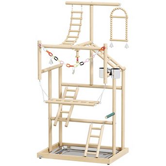 PawHut Bird Playground, 4 Layer Wooden Parrot Play Stand with Accessories