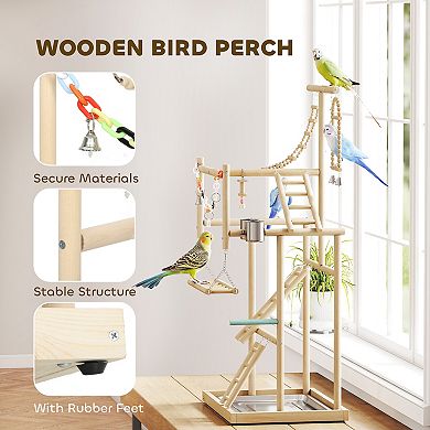 PawHut Bird Playground, 4 Layer Wooden Parrot Play Stand with Accessories