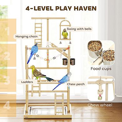 PawHut Bird Playground, 4 Layer Wooden Parrot Play Stand with Accessories