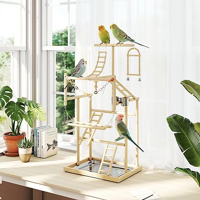 PawHut Bird Playground, 4 Layer Wooden Parrot Play Stand with Accessories