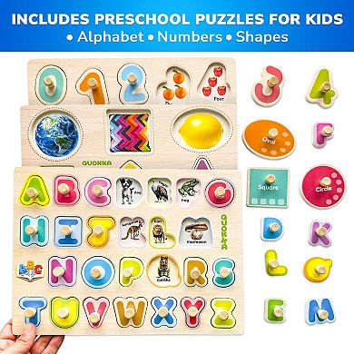 QUOKKA Wooden Puzzles for Toddlers with Rack - Alphabet, Numbers, Animals
