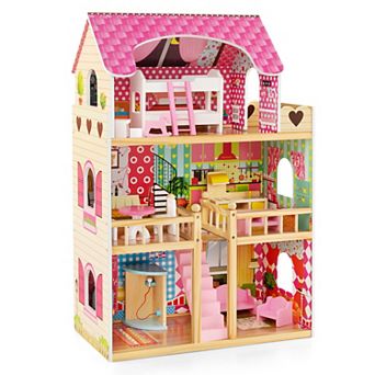 3-Story Dollhouse Playset with 15 Furniture Pieces - Pink