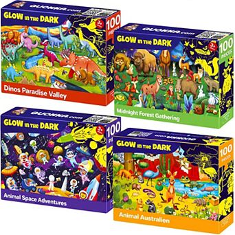 QUOKKA Jigsaw Puzzles for Kids 4-6 - Glow Puzzles Set of 4x100 pc Dino, Forest, Space