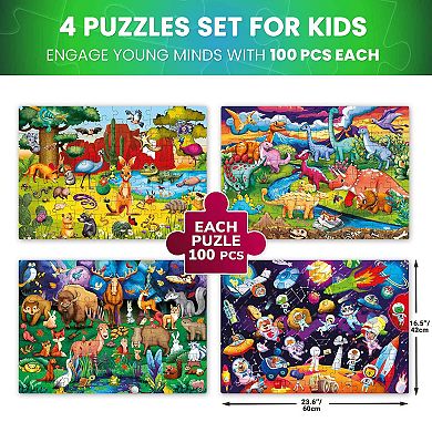 QUOKKA Jigsaw Puzzles for Kids 4-6 - Glow Puzzles Set of 4x100 Pieces Dino, Forest, Space