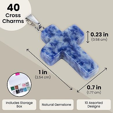 40 Piece Gemstone Cross Pendants for Jewelry Making Supplies, 10 Colors