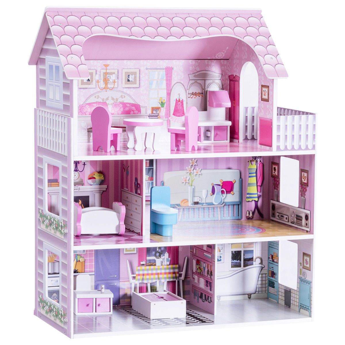 Детские аксессуары для кукол Wooden Dollhouse 28 Inch Doll House with Furniture — фото 1