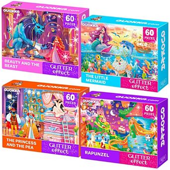 QUOKKA 4 Set 60 pc Jigsaw Puzzles with Glitter Effect Fairy Tale Princess for Kids 4-6 years