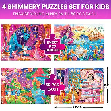 QUOKKA 4 Set 60 Pcs Jigsaw Puzzles with Glitter Effect Fairy Tale Princess for Kids 4-6 years