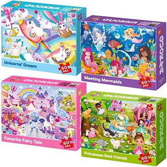 QUOKKA Puzzles for Kids 4-6 Set of 4×60 pc Jigsaw Puzzle Unicorn Princess Animals Ages 3-8