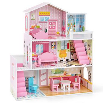 Wooden Dollhouse with 5 Rooms and 10 Furniture Pieces - Pink