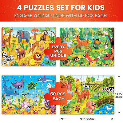 QUOKKA 4 Set 60 Pcs Jigsaw Puzzles for Kids 3-6 years Animal