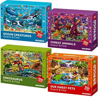 QUOKKA 100 pc Puzzles for Kids Ages 4-6 - 4 Set Search and Find Animals Dinosaurs Puzzle Ages 5-8