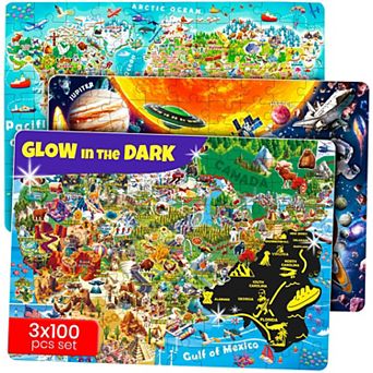 QUOKKA 3 Set of 100 pc Glow in the dark Puzzles for Kids 5-8 years USA Map, World Map, Solar System