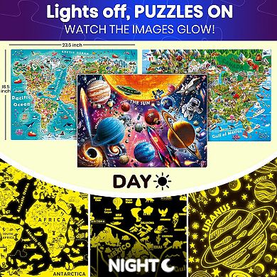 QUOKKA 3 Set of 100-Pcs Glow in the dark Puzzles for Kids 5-8 years USA Map, World Map, Solar System