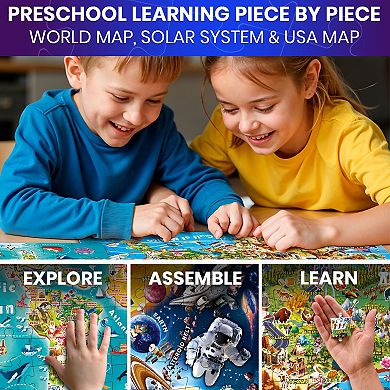 QUOKKA 3 Set of 100-Pcs Glow in the dark Puzzles for Kids 5-8 years USA Map, World Map, Solar System