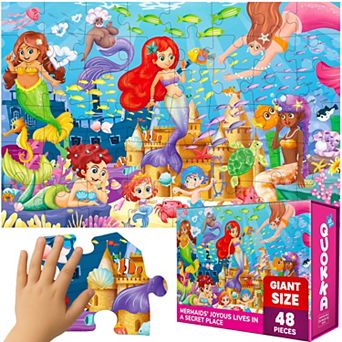 QUOKKA Giant Floor Puzzle 48 pc For Kids 3-6 - 2x3 Feet- Mermaid Theme In Sturdy Handle Box