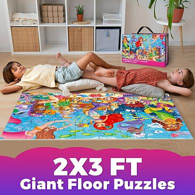QUOKKA Giant Floor Puzzle 48 Pieces For Kids 3-6 - 2x3 Feet- Mermaid Theme In Sturdy Handle Box