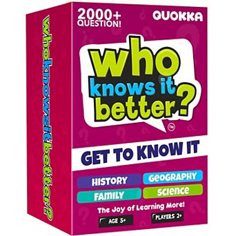QUOKKA Set 4 in 1 Trivia Game Who Knows Better? Fun Educational Family Cards for Kids & Adults