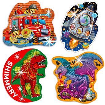 QUOKKA Shaped Puzzles Set of 4 Shimmering 48 pc for Kids 3-6 years Dragon, Rocket, Firetruck