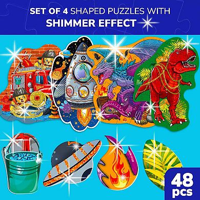 QUOKKA Shaped Puzzles Set of 4 Shimmering 48-Pcs for Kids 3-6 years Dragon, Rocket, Firetruck