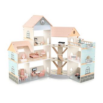 Wooden Corner Dollhouse Playset with 41 pc Accessories for Kids 3+ Years Old