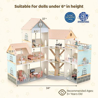 Wooden Corner Dollhouse Playset with 41 Pieces Accessories for Kids 3+ Years Old