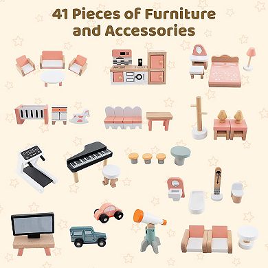 Wooden Corner Dollhouse Playset with 41 Pieces Accessories for Kids 3+ Years Old
