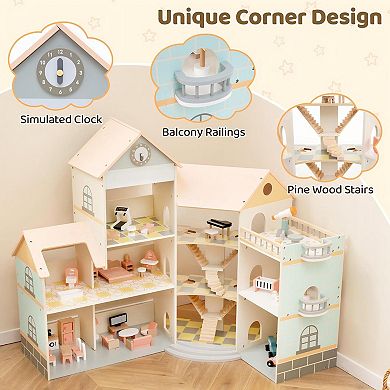 Wooden Corner Dollhouse Playset with 41 Pieces Accessories for Kids 3+ Years Old