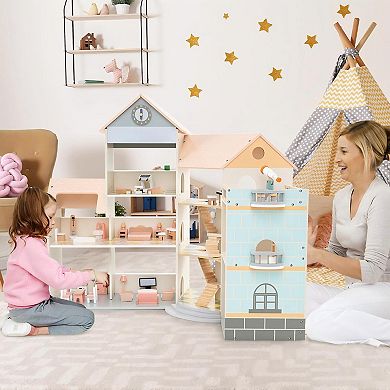 Wooden Corner Dollhouse Playset with 41 Pieces Accessories for Kids 3+ Years Old