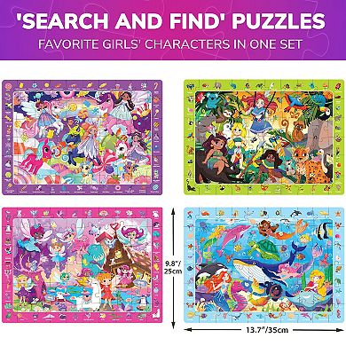 QUOKKA 4 Set 60 Pcs Jigsaw Puzzles for Kids 3-6 years Unicorn Mermaid Fairy Search and Find Game