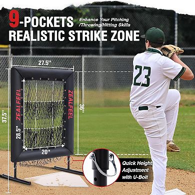 Zealfeel Baseball Pitching Net Pro, 9-Hole Adjustable Strike Zone Trainer with Ball & Home Plate