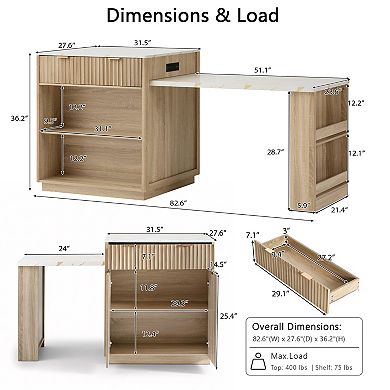 Merax 82.6" Fluted Kitchen Island with Extendable Dining Table