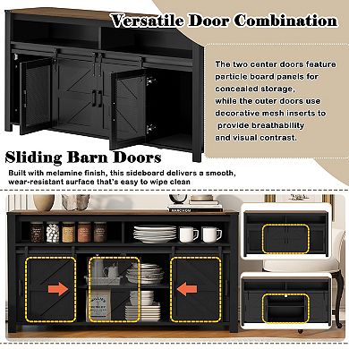 Merax 59.3''Sideboard with Sliding Barn Door and Mesh Panels,Farmhouse Buffet with Open Storage