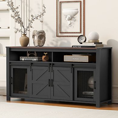 Merax 59.3''Sideboard with Sliding Barn Door and Mesh Panels,Farmhouse Buffet with Open Storage