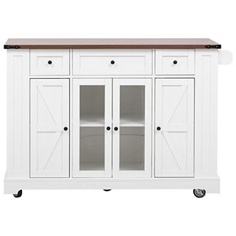 Merax 53'' Farmhouse Kitchen Island with Two Tempered Glass Cabinet Doors