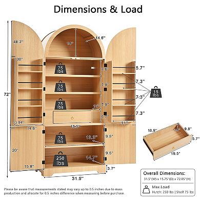 Merax 72" Tall Arched Kitchen Pantry Cabinet with 8 Door Shelves, Fluted Storage Cabinets