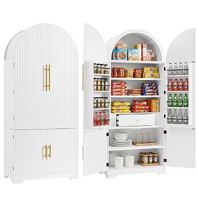 Merax 72" Tall Arched Kitchen Pantry Cabinet with 8 Door Shelves, Fluted Storage Cabinets