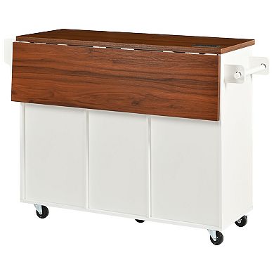 Merax 52" Fluted Kitchen Island with Drop Leaf, Power Outlet, Kitchen Storage Cart
