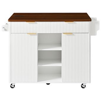 Merax 52" Fluted Kitchen Island with Drop Leaf, Power Outlet, Kitchen Storage Cart