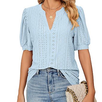 Women's Summer T-Shirt Casual V-Neck Hollow Out Puff Short Sleeve Top