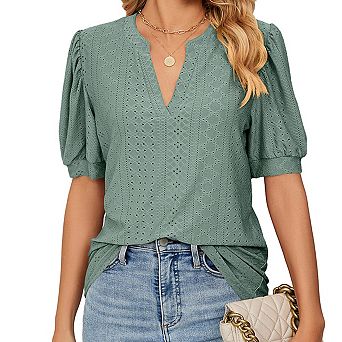 Women's Summer T-Shirt Casual V-Neck Hollow Out Puff Short Sleeve Top