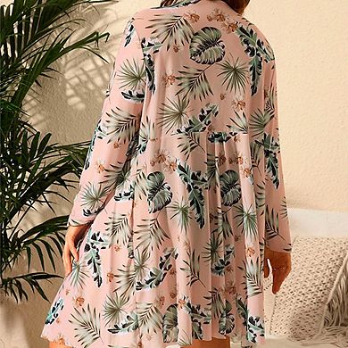 Women's Plus Size 3 Pieces Bikini Set Printed Ruched Bikini Swimsuit Long Sleeve Beach Cover Up