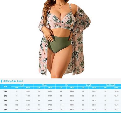 Women's Plus Size 3 Pieces Bikini Set Printed Ruched Bikini Swimsuit Long Sleeve Beach Cover Up