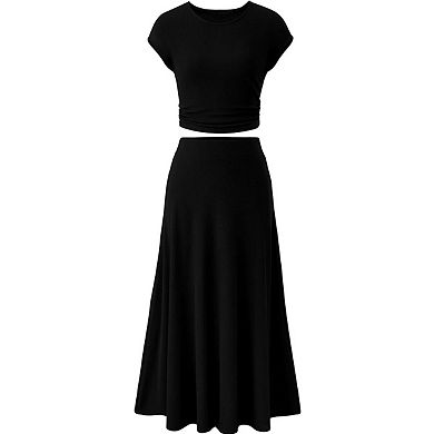 Women's Summer Knit Short Sleeve Top And Casual High Waist Midi Skirt Set